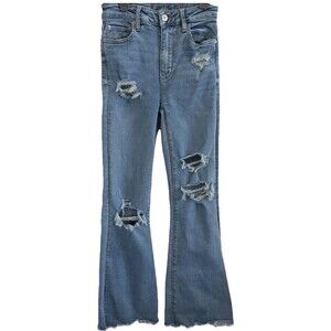 American Eagle Womens Sz 0 High Waisted Distressed Flare Jeans Light Wash Faded